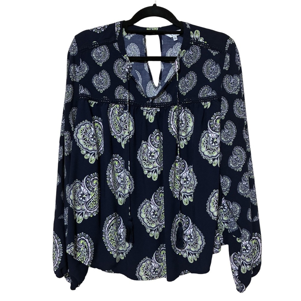 Crown & Ivy Paisley Blouse Women’s XL Navy Balloon Sleeve Tassel V-Neck